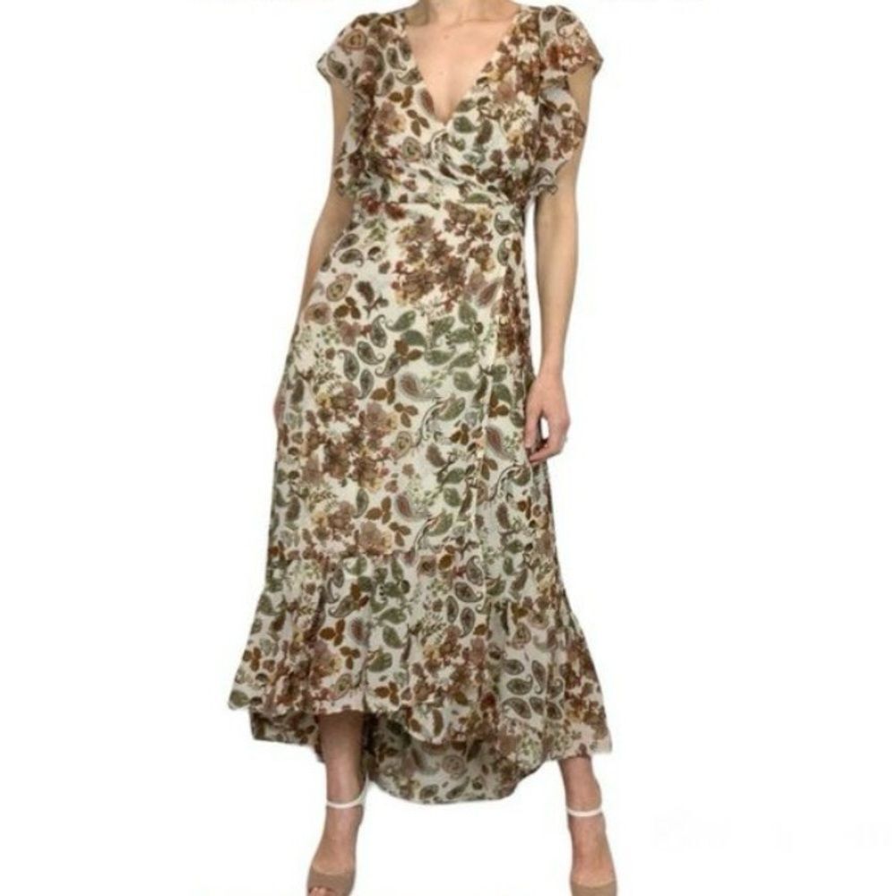 ANTHROPOLOGIE DREW Terra Vintage Garden Floral Wrap Maxi Dress Cream Brown Small
